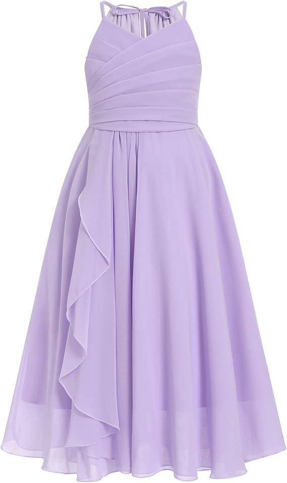 IBTOM CASTLE Flower Girls Dress Halter Pleated Chiffon Junior Bridesmaid Dress Wedding Flowy A-line Party Pageant Prom Dress