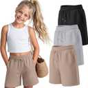 3 Pack Girls Bermuda Shorts Knee Length Casual Drawstring Athletic Summer Sweat Shorts with Pockets for Ages 13-14