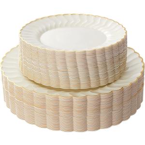 Lullaby 60PCS Ivory Scalloped Plastic Plates with Gold Rim, Disposable Elegant Plates Include 30pcs Dinner Plate 10.25", 30pcs Plastic Dessert Plate 7.5", Perfect for Wedding and Party