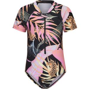Girls One Piece Swimsuits Short Sleeve Rash Guard for Girl Hawaiian Bathing Suit with Sun Protection Beachwear (15-16 Years, Black Jungle Wild)