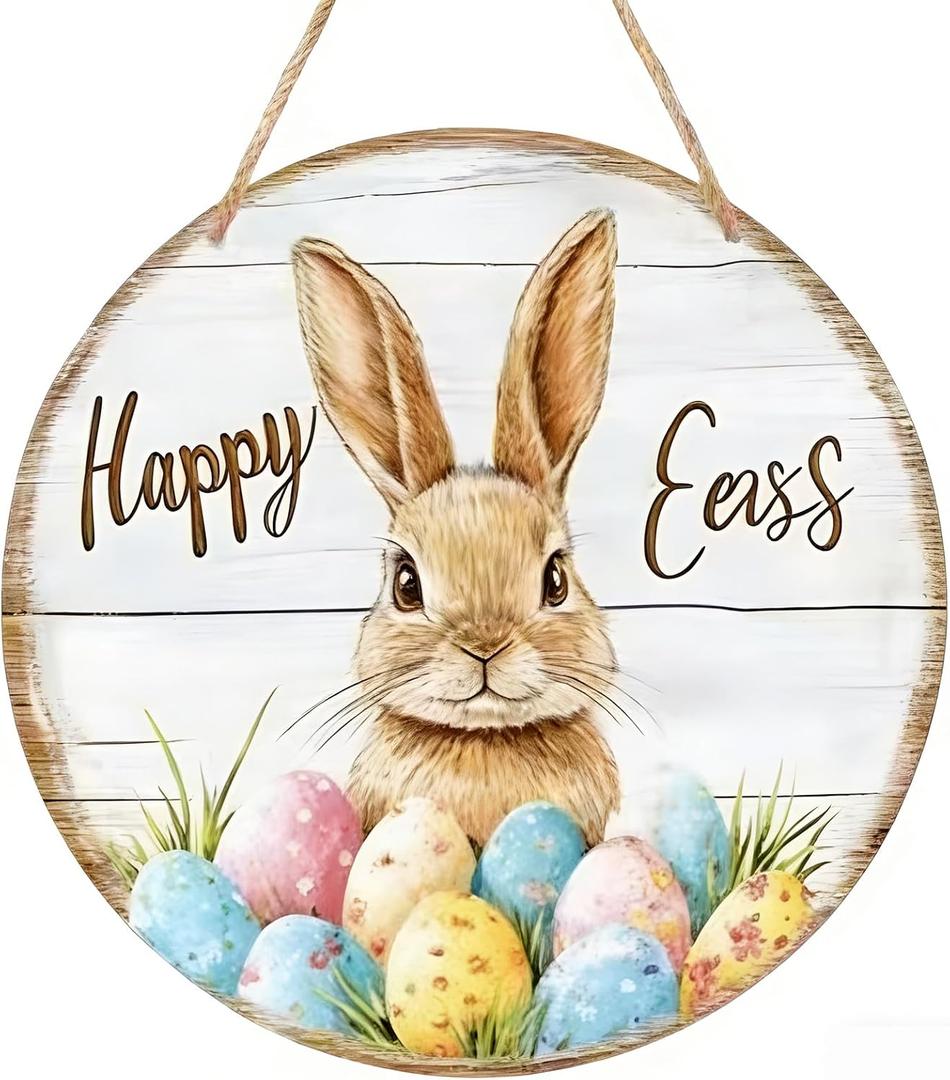 8 Inch Spring Door Hanger, Wooden Bunny Rabbit Decor for Front Door, Waterproof Rustic Spring Wreath Sign for Farmhouse Patio Lawn Indoor Outdoor Decoration (White)