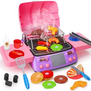 Kids BBQ Grill Playset Kitchen Toy Set with Pretend Smoke Sound Light Toddler Girls Pink Play Food Ages 3-5 4-8 Indoor Outdoor Cooking Barbecue Toys for 3 4 6 Year Old Girl Birthday Gift