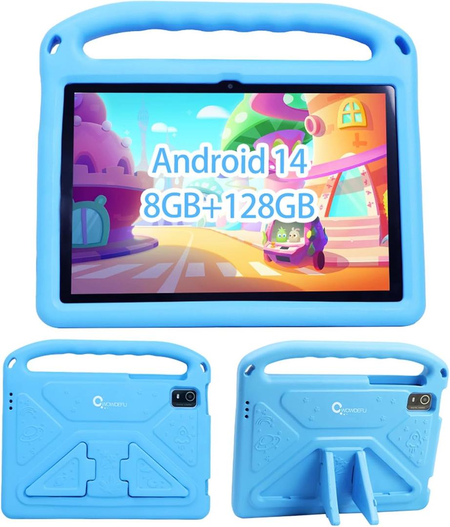 CWOWDEFU 2025 Tablet for Kids Pro, Android 14 Kids Tablet 10 inch,8GB+128GB Up to 1TB,Parental Control,WiFi 6,Face ID,GMS,Learning Tablets for Toddlers,Shockproof EVA Case (Blue)