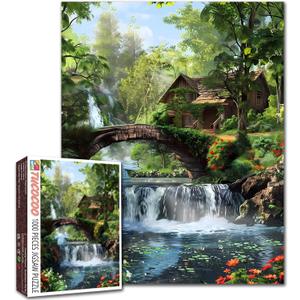 Forest Waterfall Puzzles 1000 Pieces for Adults,Families (Wooden House,Cabin,Trees,Jungle,Bridge) Pieces Fit Together Perfectly 19.7''x27.6''inch Tropical Landscape Frameable Magic Puzzle Art（Green