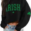 St Patrick's Day Crop Tops for Women Irish Shamrock Graphic Shirt Funny Lucky Clover Long Sleeve T-Shirt Tops (Black, L)