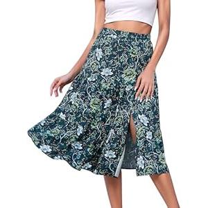 Timormode Boho Floral Long Skirts for Women Elastic High Waist Flowy Midi Skirts with Slit Summer Spring Tiered Beach Skirt TMS8001 NavyBloom S