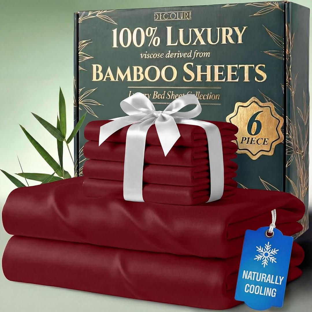 DECOLURE 100% Viscose Derived from Bamboo Sheets Queen Size - Luxury 6 Pc Naturally Cooling Sheets, Ultra Soft Bed Set - Deep 17" Pockets, Durable Double Stitching, Oeko Tex Standard (Burgundy)