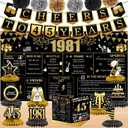 45th Birthday Decorations for Women Men, 18PCS Black Gold Back in 1981 Banner Decorations, Bday Backdrop, 45 Year Old Banner for Her Him, Birthday Card, 6 Paper Poms 9 Honeycomb Balls