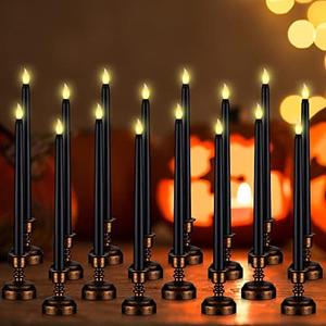 Fumete 16 Pcs Halloween Black Flameless Candles with Gold Base Battery Powered Taper Candles Battery Operated LED Candlesticks for Halloween Party Home Dinner Decorations