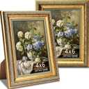 4x6 Picture Frames, Ornate Vintage Gold Photo Frames with HD Glass for Wall Decor or Tabletop Display, 4 x 6 gold picture frame with Distressed Rust-Like Finish, Retro Home Decor, 2 Pack