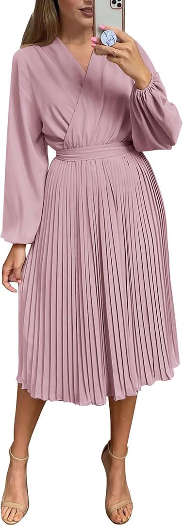 PRETTYGARDEN Women's Spring Midi Dress Long Puff Sleeve Wrap V Neck Flowy Ruffle Pleated Casual Fall Dresses (Pink, L)