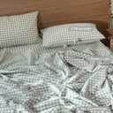 MooMee Gingham Duvet Cover Set 100% Washed Cotton Linen Like Textured Breathable Durable Soft Comfy Modern Checkered Design (Sage Green Gingham, King 104"x90")