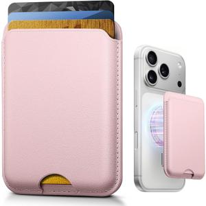 Stronger Magnetic Wallet for iPhone 17/16/15/14/13/12 Series & for MagSafe-compatible Cases, Slim Leather Magnetic Card Holder with RFID Blocking, N52 Magnet Phone Wallet, Fit 3 Cards, Pink