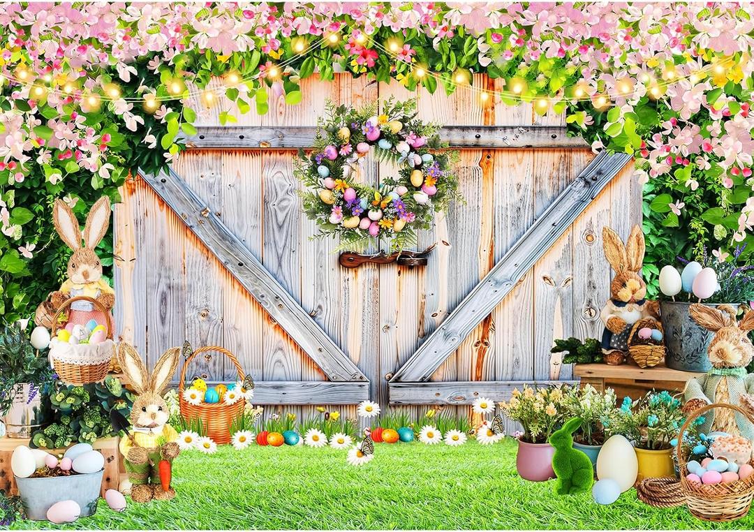 Easter Photo Backdrop for Photography, Spring Rustic Barn Door Theme Backdrops for Photoshoot, Bunny Eggs Green Easter Family Party Decorations 7x5ft
