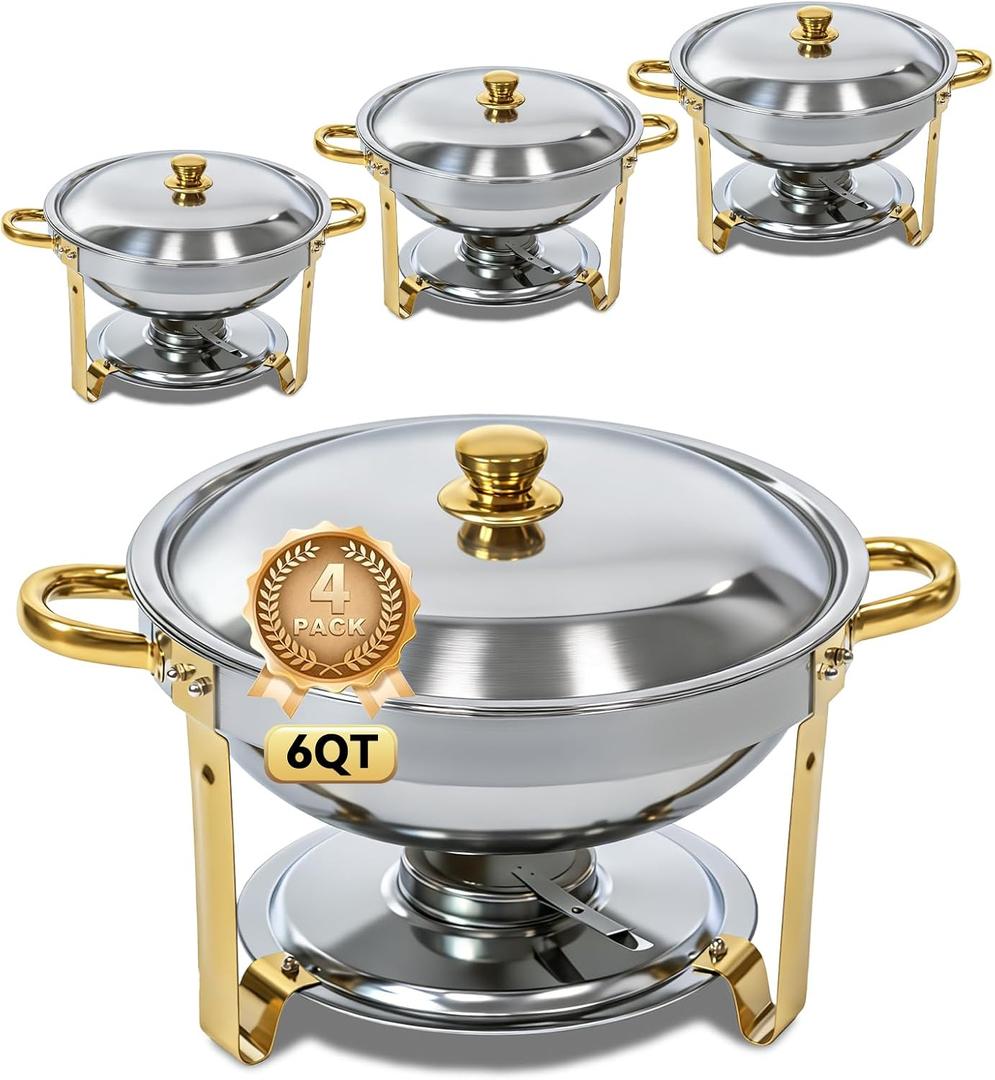 6QT Chafing Dishes for Buffet 4 Pack, Round Dish Buffet Servers and Warmers 304 Stainless Steel Food Warmers for Parties Weddings, Catering Buffet Catering Events, Chafers Servers Sets, Gold & Silver