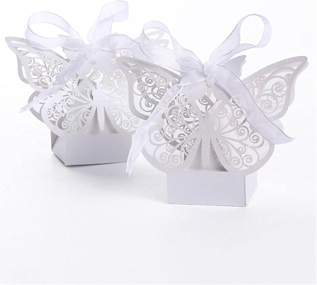 Auto-Plaza 50 Pieces Butterfly Laser Cut Favor Boxes DIY Wedding Birthday Gift Candy Boxes with Ribbons (White)