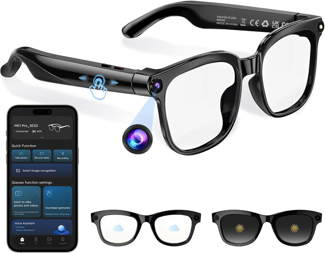 AI Smart Glasses with 8MP 800W Camera for Men Women, 1080P Video Recording 12min & HD Photo,Bluetooth Real-Time Translation, AI Voice Assistant, Object Recognition, Noise-Cancel Calls, Music (Unisex)