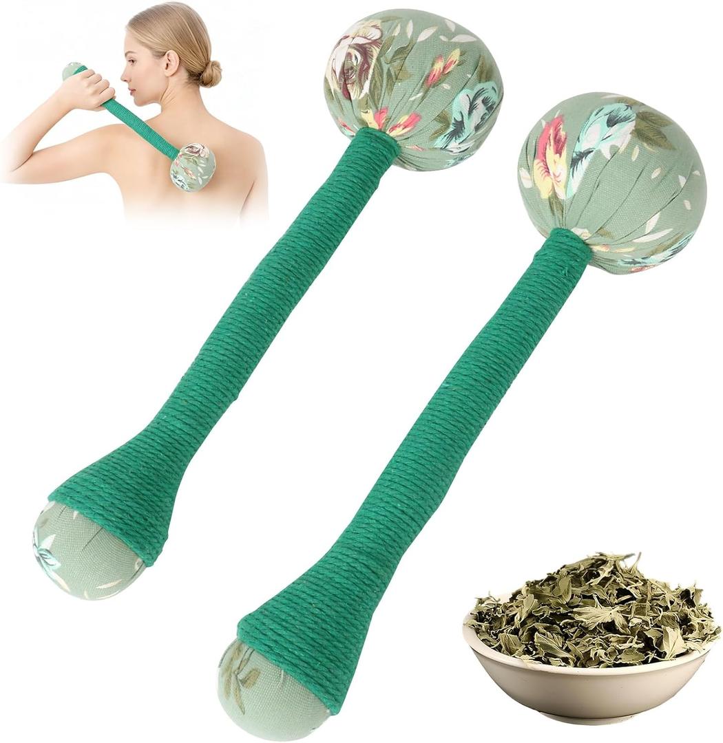 2PCS Long Size Lymphatic Drainage Hammer, Manual Body Massage Hammer, Anti Slip Longer Handheld Herbal Massage Hammer with Two Ends for Back Pain Relief (Light Green)