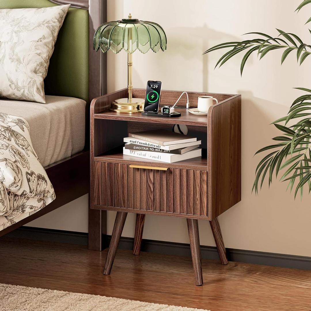 Huuger Nightstand with Charging Station, USB-C Port, Fluted Night Stand with Drawer, Bed Side Table with Solid Wood Feet, Open Storage, End Table with Raised Edge, for Bedroom, Walnut