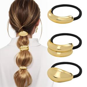 3PCS Metal Hair Tie For Women,Gold Cuffs,Metal Geometric Gold Hair Ties, Hair Accessories Stretchy and Non-Damage Ponytail Holders,Ponytail Cuff Hair Bands For Hair Styling (SET4)