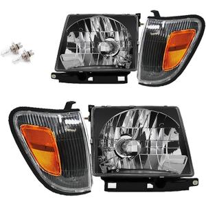 4Pcs Headlight Corner Light Assembly For 1997 1998 1999 2000 Toyota Tacoma Halogen Head Light Headlamp with Bulbs, Driver & Passenger Side Replace, Black Housing Amber Corner