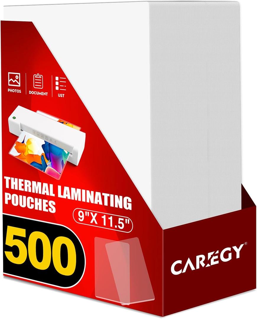 CAREGY Thermal Laminating Pouches, 500 Pack 3 Mil, 9 x 11.5 Inches Laminating Sheets Paper for Laminator, Clear, Letter Size, Office and School Supplies