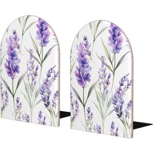 Wooden Bookends for Shelves Lavender Floral Purple Flower Non Skid Book Ends Heavy Duty Decorative Book Stoper for Home Office Library 1 Pair