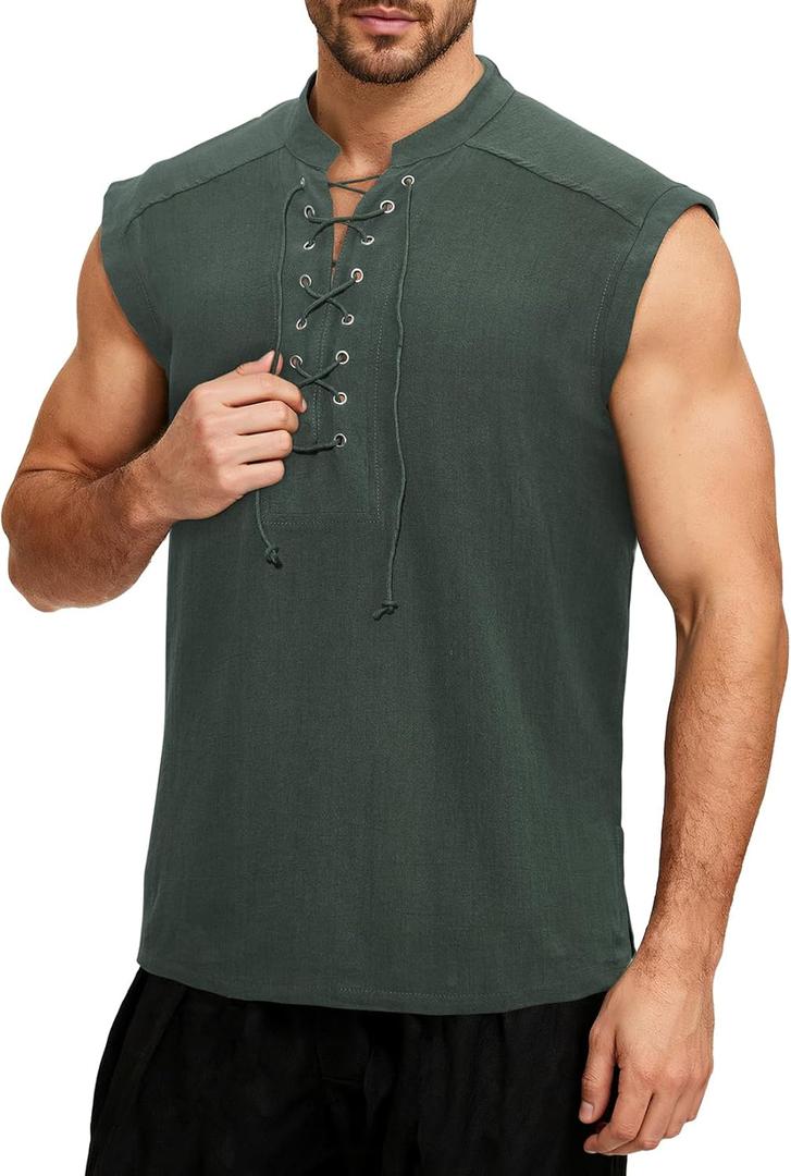 Cotton Mens Renaissance Shirt Pirate Medieval,Sleeveless Halloween Costume Steampunk Viking Lace-up Stand Collar Shirts