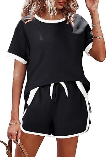AKEWEI Shorts Sets Women 2 Piece Outfits Casual Short Sleeve Crewneck Tops and Drawstring Shorts Color Block Sets M