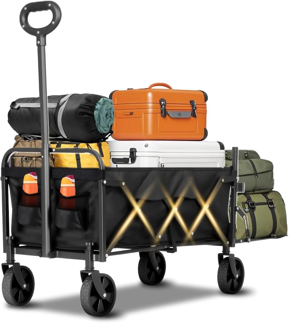 350LBS Heavy Duty Collapsible Wagon with Extended Tailgate - 120L Foldable Utility Cart, All-Terrain Wheels Portable Beach Wagon for Camping, Grocery Shopping, Picnic & Outdoor Travel
