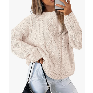 Trendy Queen Women's Oversized Cable Knit Crewneck Sweaters Beige M