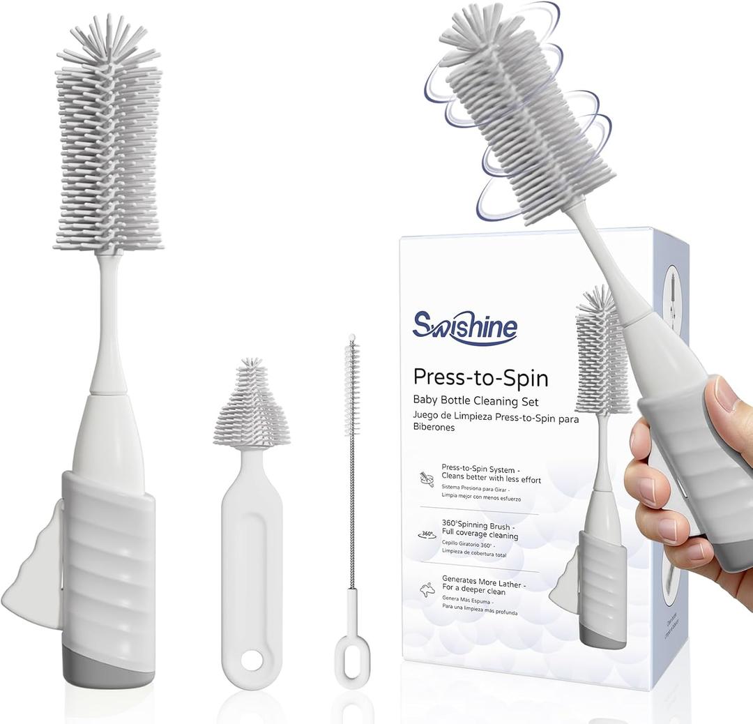 Baby Bottle Brush Set, Innovative Efficient Press-to-Spin Brush Cleaner - Includes Silicone Bottle Brush, Nipple Brush, Straw Cleaner - Spinning Generates Rich Foam for Deep Cleaning, Gray