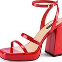 MIRAAZZURRA Platform Strappy Heel Sandals Square Open Toe Two Strap Chunky High Heeled Sandals with Buckle Ankle Strap for Women Party Wedding Dress (Red)