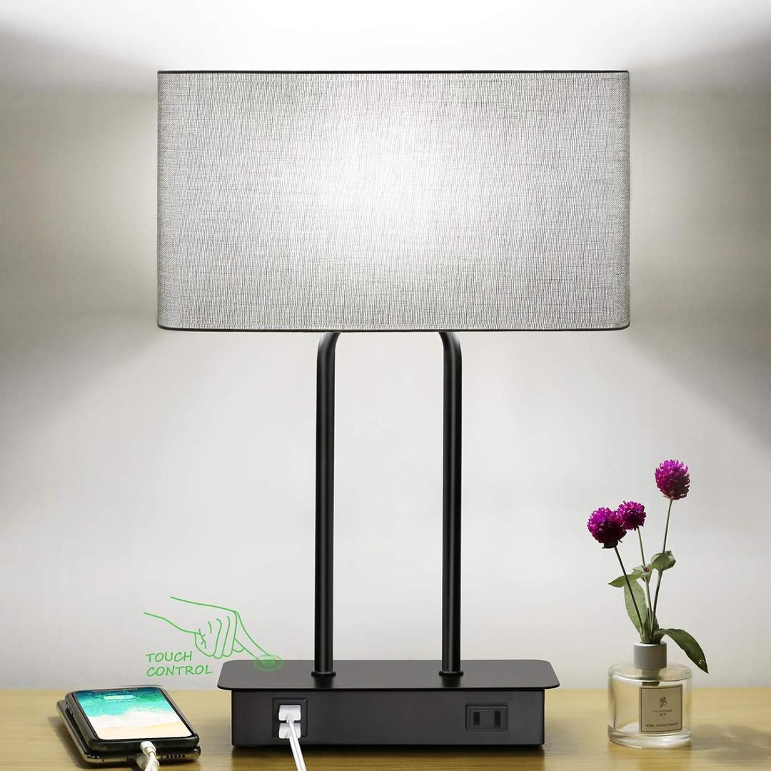 Lakumu Bedside Touch Control Table Lamps with Dual USB Charging Ports 1 AC Outlet, 3 Way Dimmable Modern Nightstand Lamp with Grey Fabric Shade, Desk Lamp for Bedroom Living Room with 5000K LED Bulb (Gray)