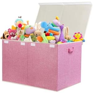 popoly 122L Large Toy Box Chest with Lid, Foldable Toy Storage Organizer Bin Boxes with Removable Divider for Kids, Boys, Girls, Nursery, Playroom, 26"x17" x17"(Linen Pink)