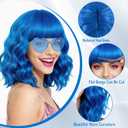 PLULON Blue Wavy Bob Wigs with Bangs Heart Sunglasses Hair Cap for Women, Colored Synthetic Hair Short Bob Loose Curly Shoulder Length Wigs for Costume Bachelorette Party Music Festival