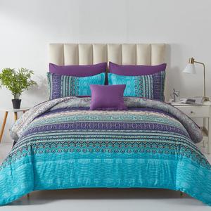 Cottolester Boho Comforter Set King Size 8 Piece Bed in a Bag Bohemian Striped Bedding Quilt Set Aqua Paisley Floral Comforter and Sheet Set,Soft Microfiber Complete Bedding Sets for All Season