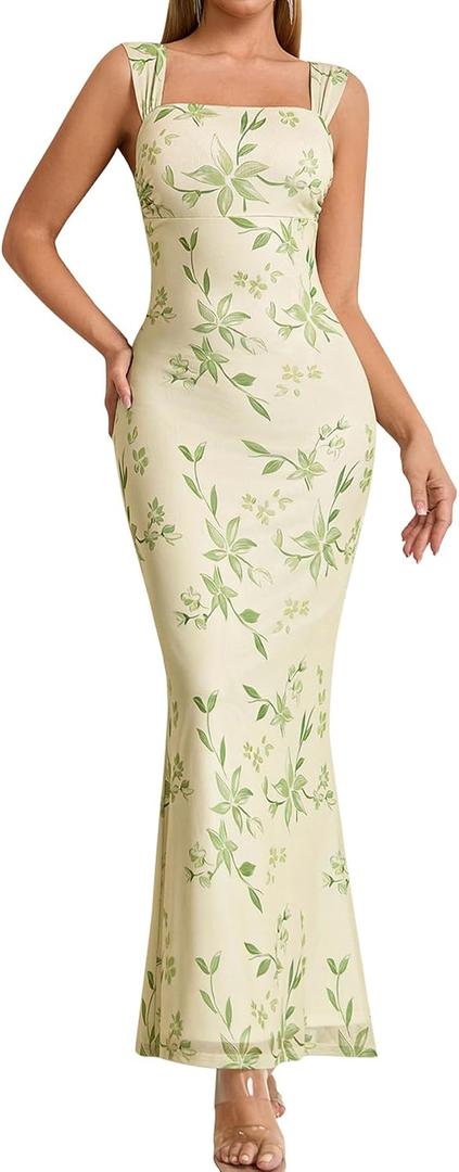EYNMIN Women's Summer Floral Maxi Dress Square Neck Sleeveless Mesh Bodycon Long Wedding Guest Dresses (Green, XL)
