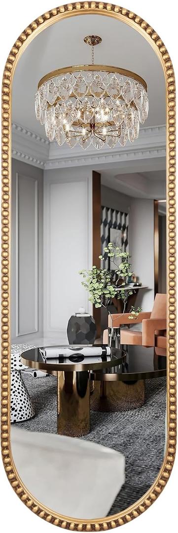 Oval Full Length Mirror, 16"x47" Metal Beaded Frame Large Hanging Dressing Floor Mirror for Bedroom, Living Room, Entryway, Antique Gold (No Stand)