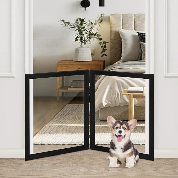 LZRS Clear Dog Gate for Indoor Use - Transparent Pet Fence with Solid Hardwood and Plastic Board, Stylish & Durable freestanding Pet Gate for Doorways, Stairs and Hallways, Black, Size: 24"Height-2 Panel