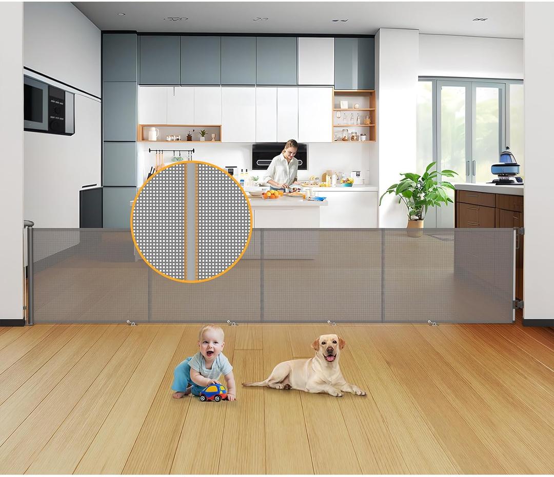 Uamector 200-Inch Extra Wide Retractable Baby Gate & Dog Gate, Reinforced Mesh Safety Gate Adjustable for Large Openings - Stairs, Doorways, Hallways - Indoor/Outdoor Use (Gray)