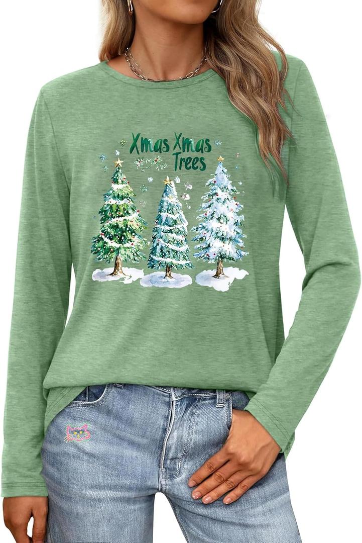 Christmas Long-sleeve T-shirt for Women Merry Christmas Pine Tree Lights Snow Xmas Pullover Holiday Top (Small, Green)