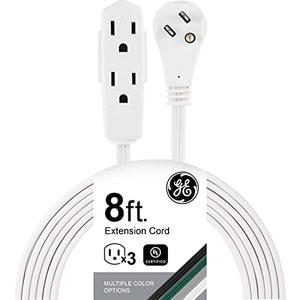 GE 3-Outlet Flat Extension Cord 8 Ft Grounded Extension Cord with Multiple Outlets 3 Prong Outlet Extender Flat Plug Indoor Power Strip 16 Gauge UL Listed White 50251