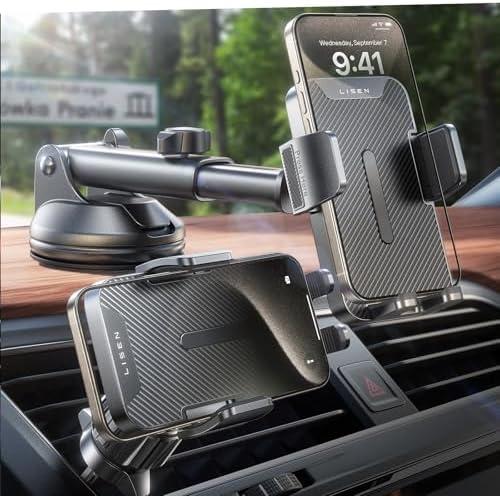 LISEN Back to School Car Phone Holder Mount, 3 in 1 Dashboard Air Vent Windshield Cell Phone Mount for Car, Adjustable Holders for Your Vent for iPhone 16 Pro Max Plus 16 15 14 13 Samusung, Black
