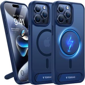 TORRAS for iPhone 15 Pro Max Case Translucent Blue | Strong Magnetic & Seamless Stand, Fit for MagSafe, Military-Grade Drop Protection, Sturdy Adjustable Built-in Kickstand, Slim Matte Finish