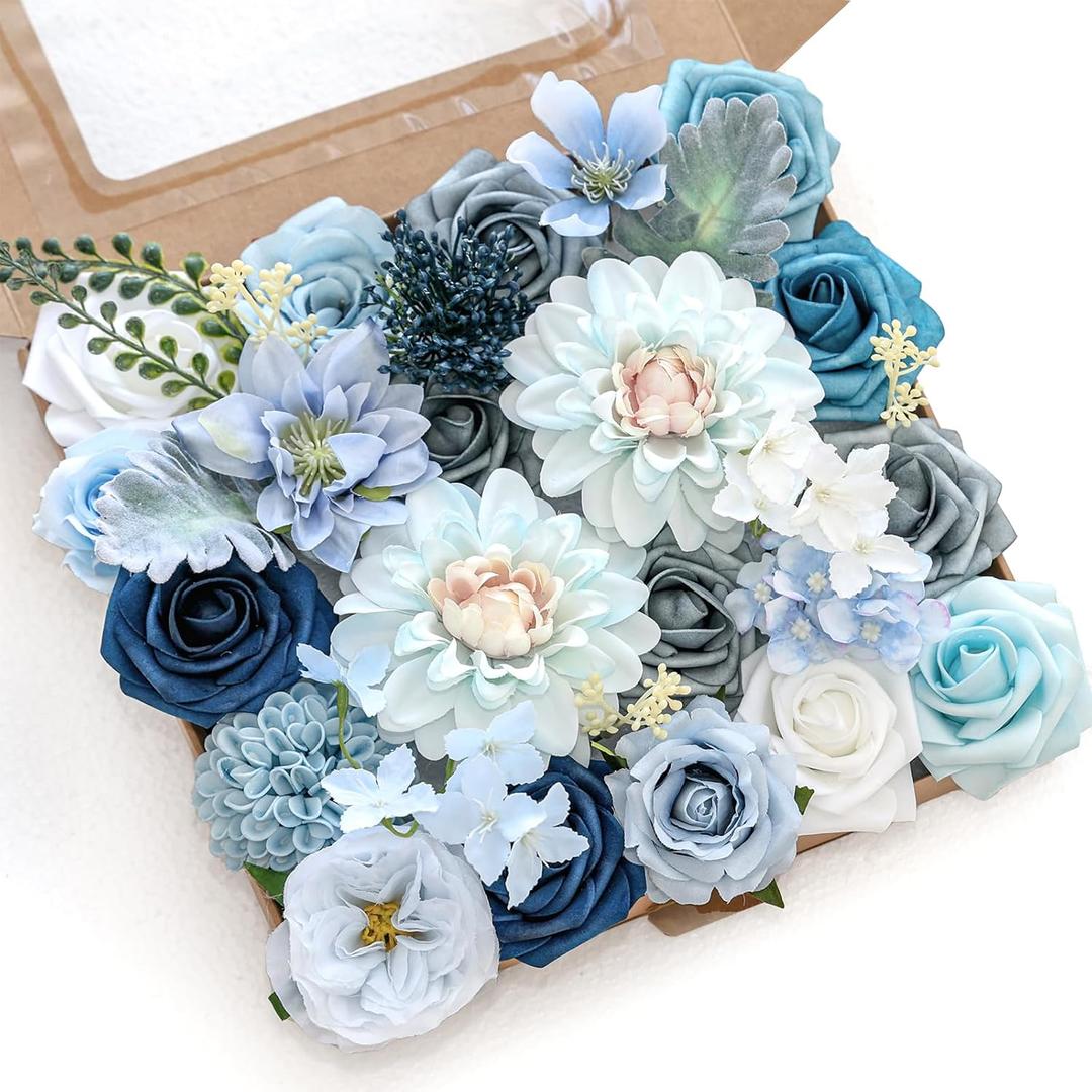 Artificial Flower Box Set Silk Fake Flowers DIY Center Cake Decoration Wedding Bouquet Corsage Home Decor Outdoor Decor Gift (Blue)