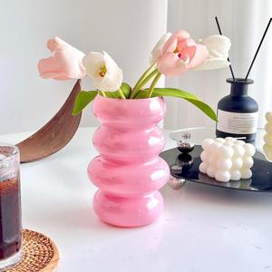BLOFLO Colored Glass Hydroponic Flower Vase, 7-Inch Pink Glass Vase, Four-Layer Geometric Glass Floral Vase for Home Dcor, Modern Bubble Glass Vase for Home Office Wedding Table (Pink)