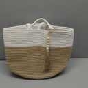 Mkono Woven Storage Basket Decorative Rope Basket Wooden Bead Decoration for Blankets,Toys,Clothes,Shoes,Plant Organizer Bin with Handles Living Room Home Decor, 11" W  11" L, Cream White and Brown