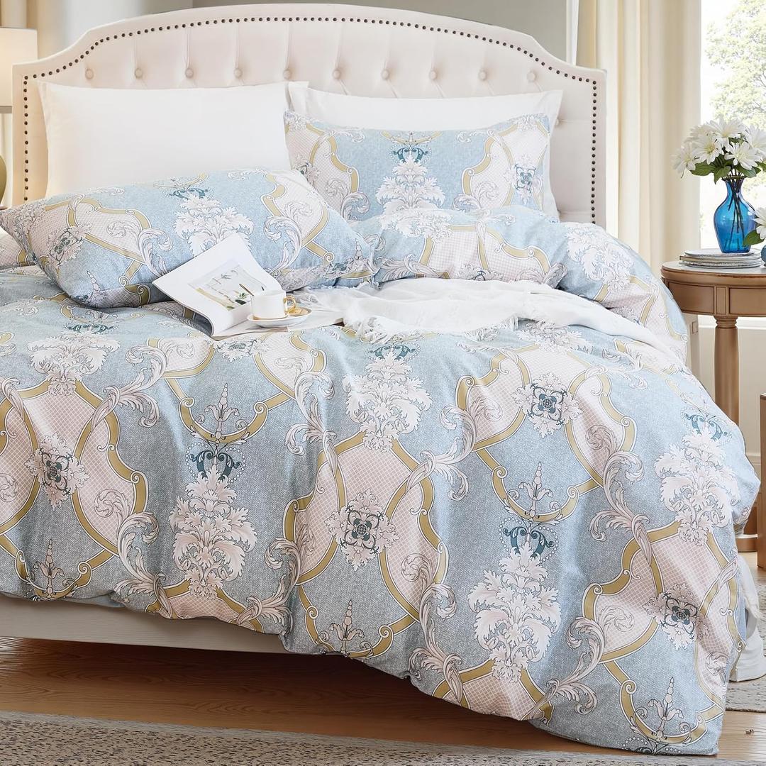 100% Natural Cotton Comforter Set Queen 3 Pcs Grayish Blue Bedding Sets with Luxurious Damask Pattern, Reversible Breathable Soft Comforter Sets for All Season