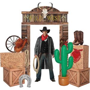 12pcs Western Cowboy Party Decorations,Wild West Door Backdrop Banner , Inflatable Cactus Props, Hay Bales , Wagon Wheel ,Horseshoe,Card Hat for Birthday Wedding Party